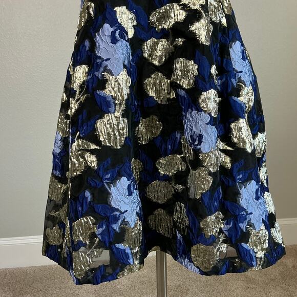 Badgley Mischka Metallic Floral Print A-Line Cocktail Dress Blue Multi Size 12 - Picture 10 of 13
